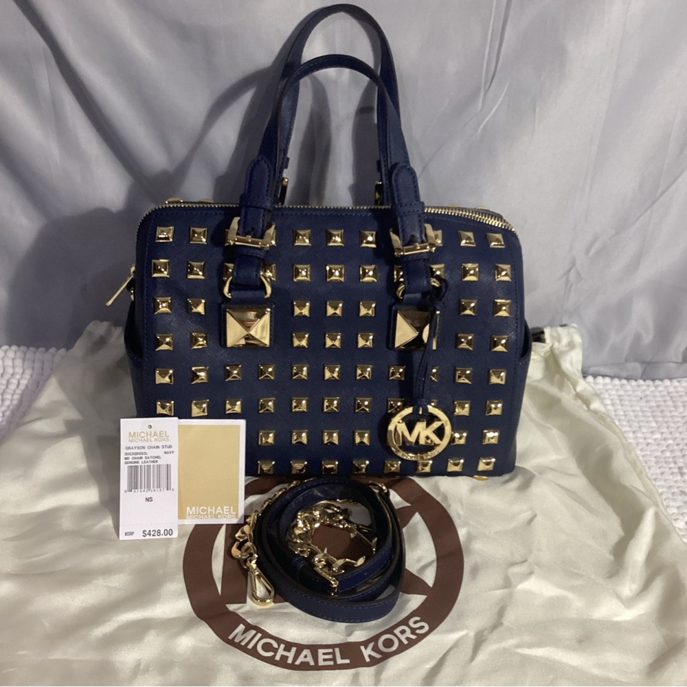 MICHAEL Kors Navy Blue Gold Studded Leather Grayson Satchel with Long Strap - Picture 3 of 13
